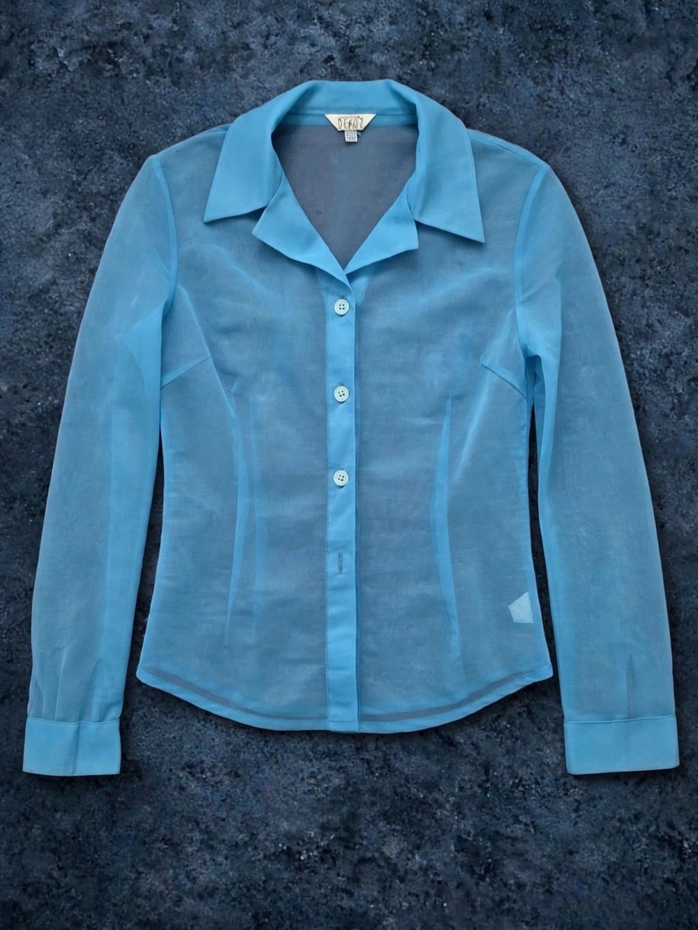 90s Sheer Light Blue Button-Down Blouse with Classic Collar